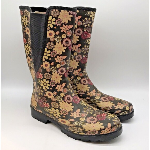 Puddletons Cozy Classic 11" Tall Rain Boots Women's 10 Floral Gussets Waterproof - Picture 1 of 11